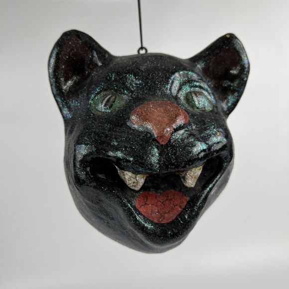 Vtg Folk Art Paper Mache Creepy Hissing Cat‎ Head Ornament Macabre Decor - Picture 2 of 14